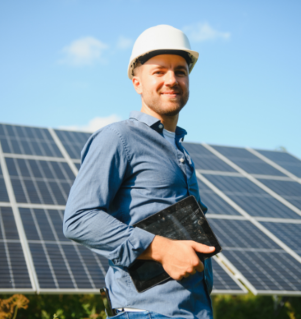 Techniker kontrolliert Solar-Module Techniker lächelt und kontrolliert Solar-Module